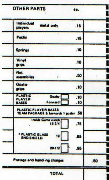 Early 70's Coleco order form for parts & players.